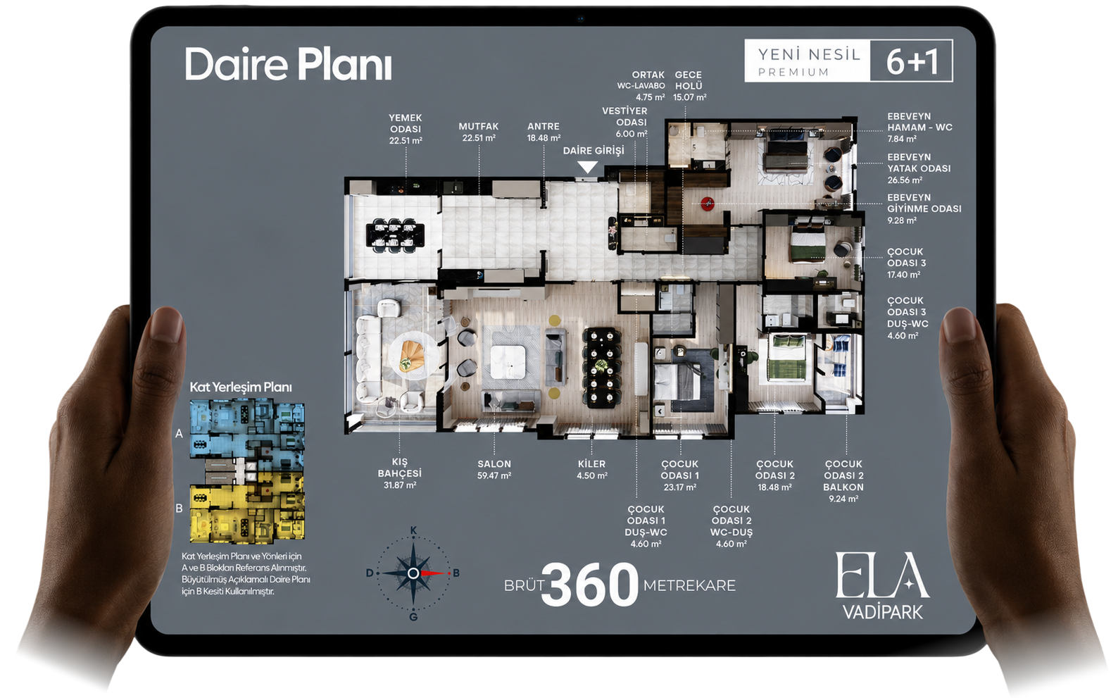 Tablet ekranında Ela Vadipark 6+1 daire planı